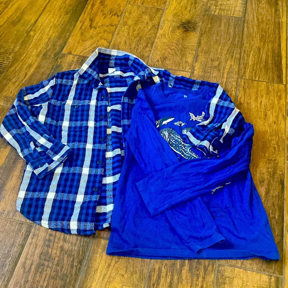 Boys blue GAP flannel size large and matching whale long sleeve t shirt